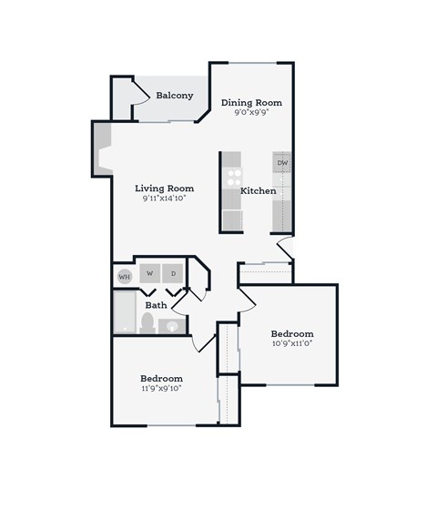 A floor plan of a house with a living room, dining room, kitchen, two bathrooms, and two bedrooms.